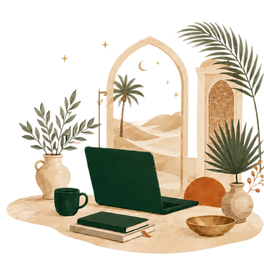 A sunlit Gulf town on the dunes — a green laptop on a desk, a warm cup of qahwa, and chat cards arcing overhead as a new lead is captured, followed up, and closed